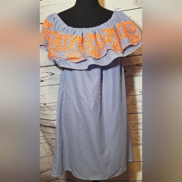 See& Be Seen Sz L Boho Off Shoulder Stripe Dress Orange Embroidered Ruffle #2057 - Picture 2 of 8
